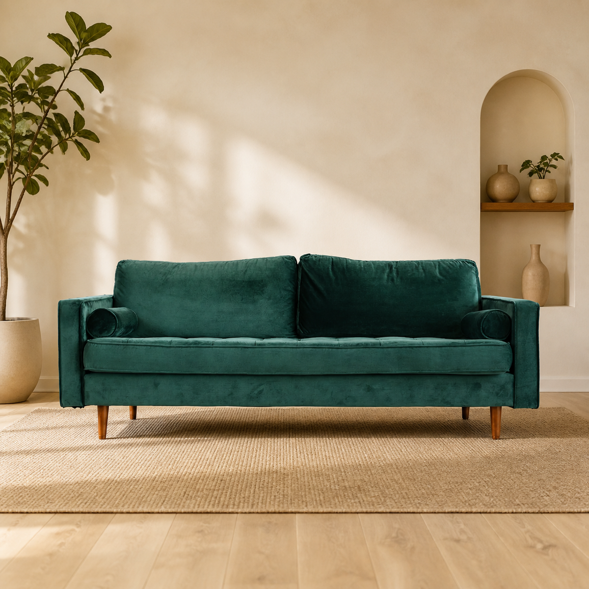 Heeman green sofa series in a warm contemporary living room