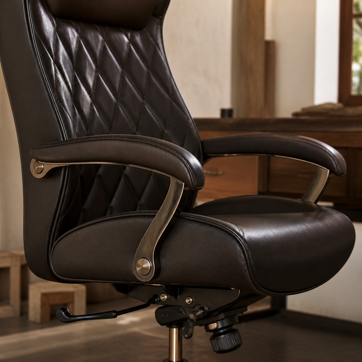 Close view of Heeman chair upholstery stitching and metal detailing