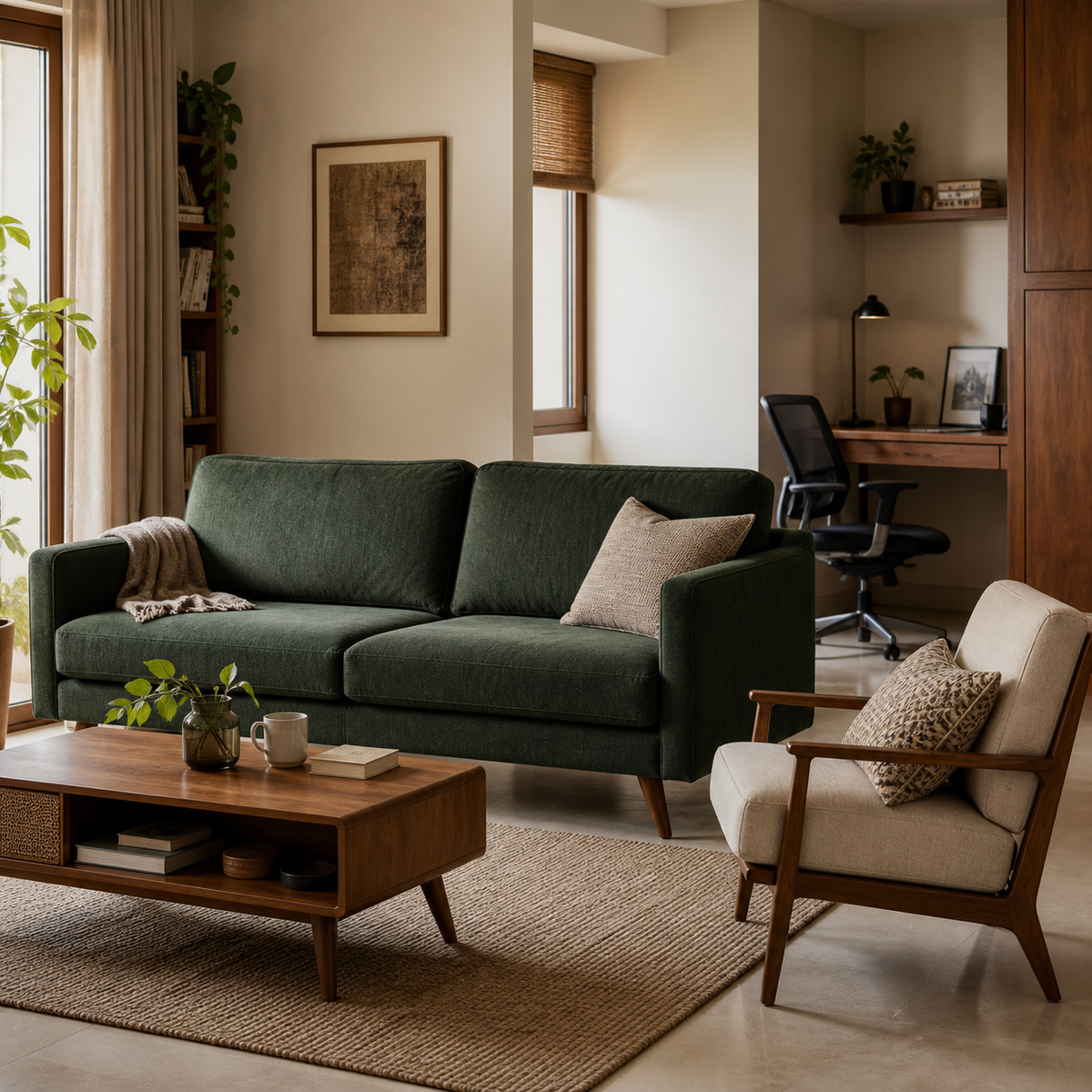 Heeman sofa, lounge chair and workspace furniture in a warm contemporary home