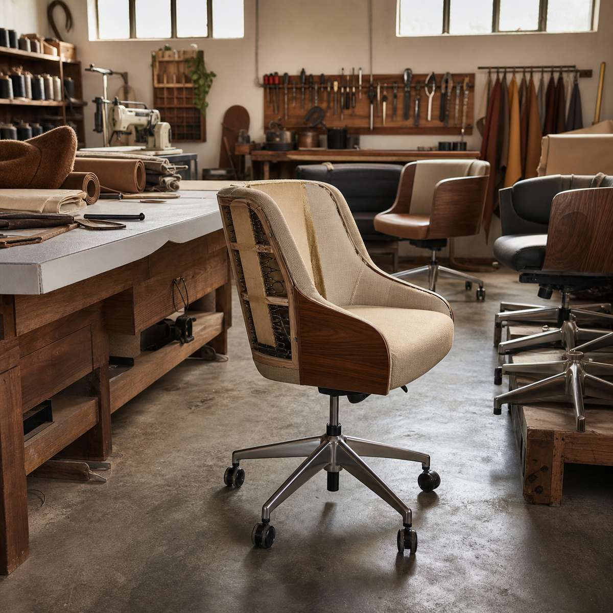 Heeman furniture workshop with handcrafted office chairs in production